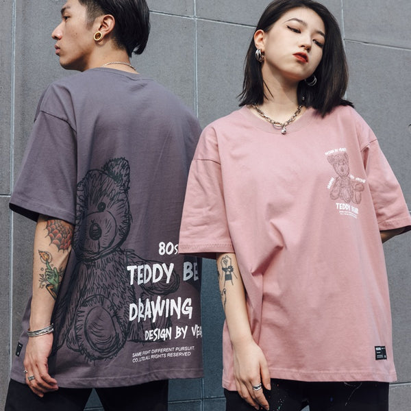Playera Suelta Pareja Estampado Oso Graffiti Pintado a Mano