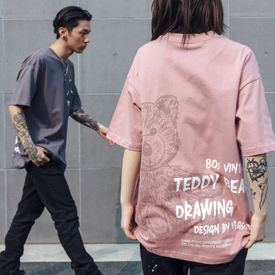Playera Suelta Pareja Estampado Oso Graffiti Pintado a Mano - Image 6
