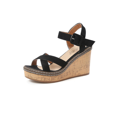 Sandalias Abiertas de Tacón Cuña con Hebilla en Gamuza - Image 3
