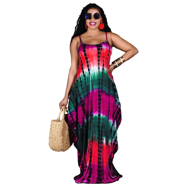 Vestido Largo Tie-Dye Suelto con Tirantes y Bolsillos