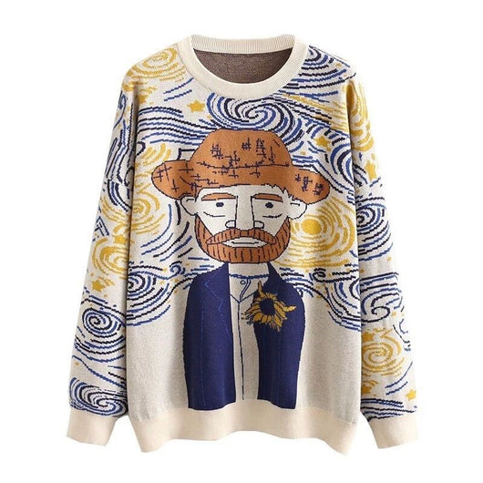 Suéter Tejido Retro Pintura al Óleo para Mujer - Diseño Suelto Otoño Invierno - Image 8