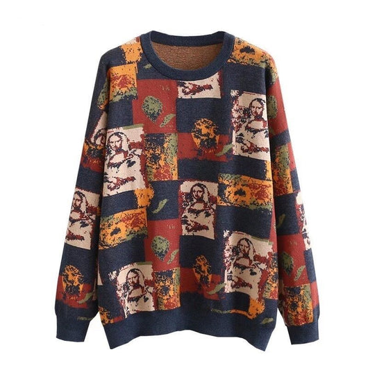 Suéter Tejido Retro Pintura al Óleo para Mujer - Diseño Suelto Otoño Invierno - Image 7