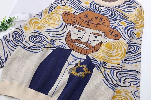 Suéter Tejido Retro Pintura al Óleo para Mujer - Diseño Suelto Otoño Invierno - Image 3