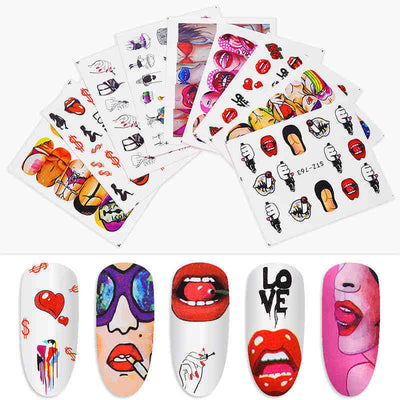 Set de Calcomanías de Agua para Uñas - 9 Diseños Artísticos Flores, Labios Sensuales y Arte Americano - Image 8