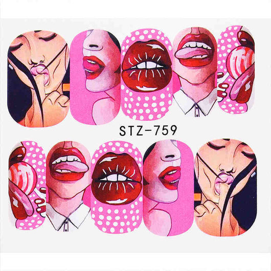 Set de Calcomanías de Agua para Uñas - 9 Diseños Artísticos Flores, Labios Sensuales y Arte Americano - Image 3