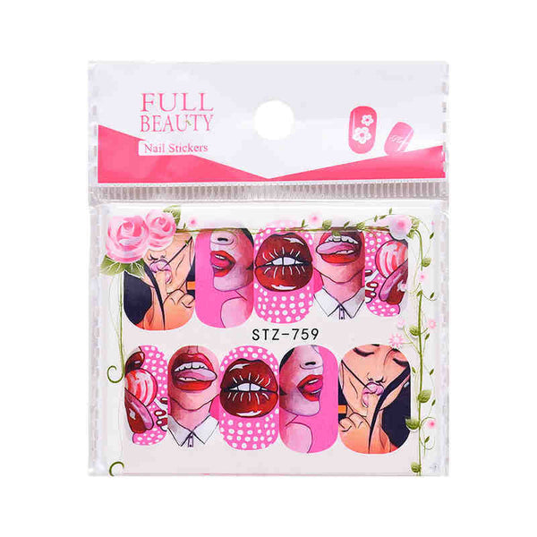 Set de Calcomanías de Agua para Uñas - 9 Diseños Artísticos Flores, Labios Sensuales y Arte Americano