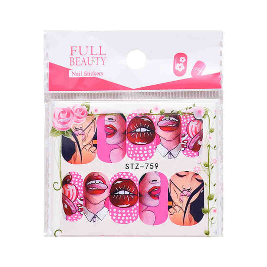 Set de Calcomanías de Agua para Uñas - 9 Diseños Artísticos Flores, Labios Sensuales y Arte Americano