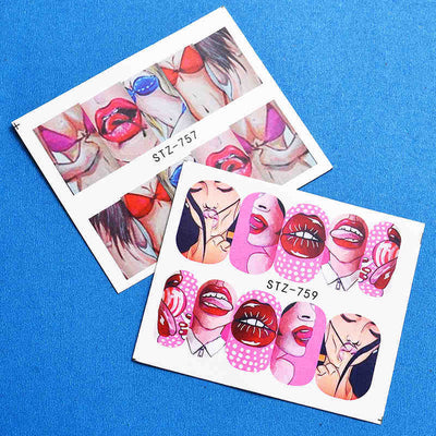 Set de Calcomanías de Agua para Uñas - 9 Diseños Artísticos Flores, Labios Sensuales y Arte Americano - Image 5