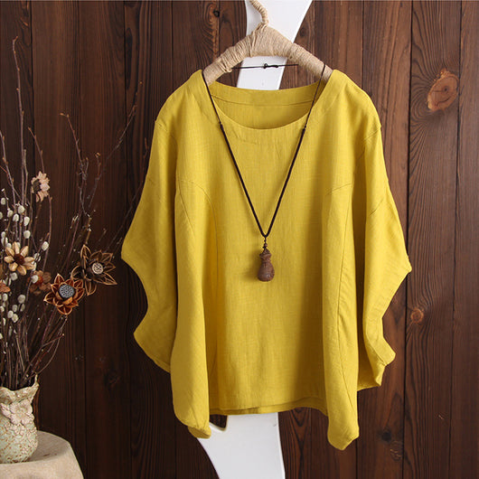 Camiseta Oversize de Algodón y Lino con Mangas Caídas Talla Grande - Image 9