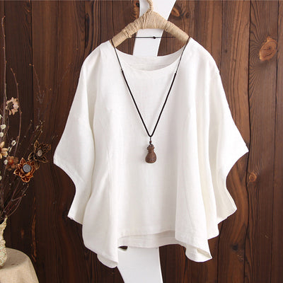Camiseta Oversize de Algodón y Lino con Mangas Caídas Talla Grande - Image 8