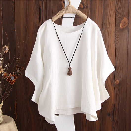 Camiseta Oversize de Algodón y Lino con Mangas Caídas Talla Grande - Image 8