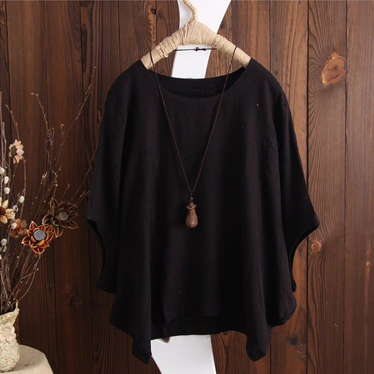 Camiseta Oversize de Algodón y Lino con Mangas Caídas Talla Grande - Image 10