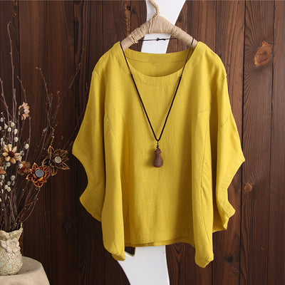 Camiseta Oversize de Algodón y Lino con Mangas Caídas Talla Grande