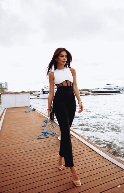 Vestido de Noche Elegante Negro y Blanco con Pantalón Largo para Mujer - Image 10
