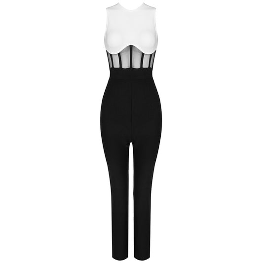 Vestido de Noche Elegante Negro y Blanco con Pantalón Largo para Mujer
