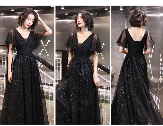 Vestido de Noche Largo Negro Escote V Elegante con Lentejuelas para Fiesta - Image 9