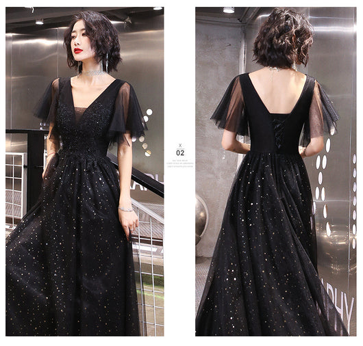 Vestido de Noche Largo Negro Escote V Elegante con Lentejuelas para Fiesta - Image 10