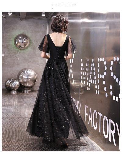 Vestido de Noche Largo Negro Escote V Elegante con Lentejuelas para Fiesta - Image 2