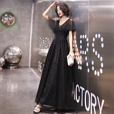 Vestido de Noche Largo Negro Escote V Elegante con Lentejuelas para Fiesta - Image 3