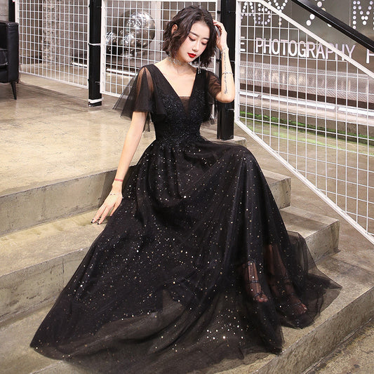 Vestido de Noche Largo Negro Escote V Elegante con Lentejuelas para Fiesta