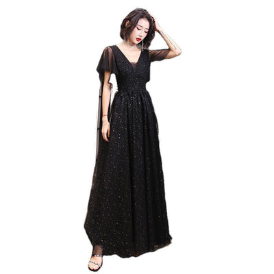 Vestido de Noche Largo Negro Escote V Elegante con Lentejuelas para Fiesta - Image 5