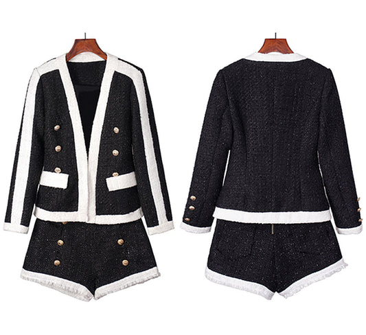 Conjunto de Traje de Lana Elegante Primavera Otoño - Blazer Corto y Short Slim Fit