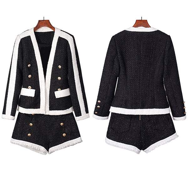 Conjunto de Traje de Lana Elegante Primavera Otoño - Blazer Corto y Short Slim Fit