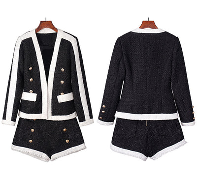 Conjunto de Traje de Lana Elegante Primavera Otoño - Blazer Corto y Short Slim Fit