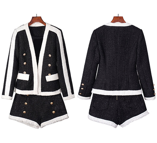Conjunto de Traje de Lana Elegante Primavera Otoño - Blazer Corto y Short Slim Fit
