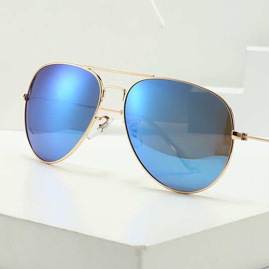 Gold-framed aviator sunglasses with pink mirrored lenses on a white background.