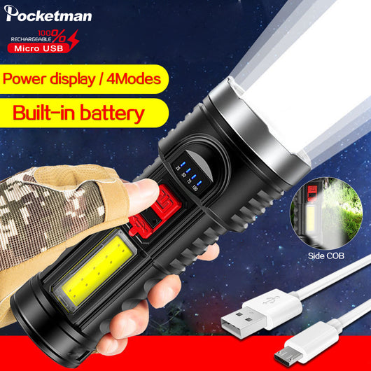 Linterna Recargable USB con Indicador de Batería y Luz Lateral para Camping y Pesca - Image 23