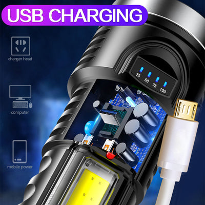 Linterna Recargable USB con Indicador de Batería y Luz Lateral para Camping y Pesca - Image 26