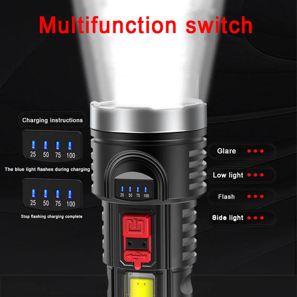 Linterna Recargable USB con Indicador de Batería y Luz Lateral para Camping y Pesca