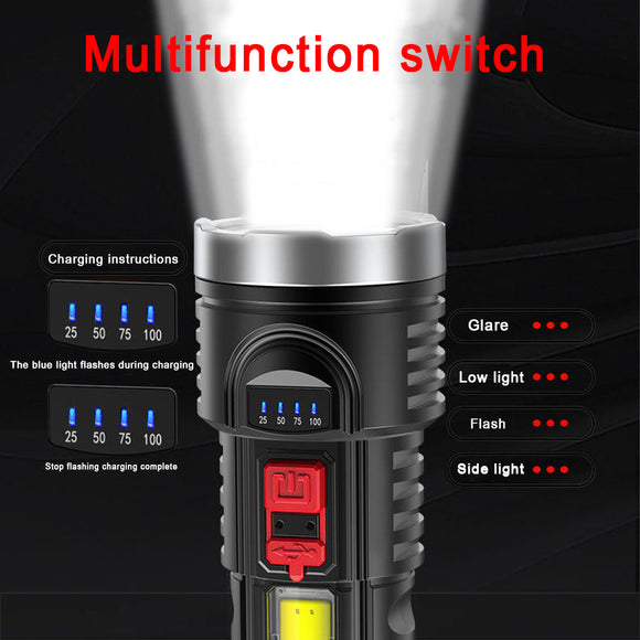 Linterna Recargable USB con Indicador de Batería y Luz Lateral para Camping y Pesca