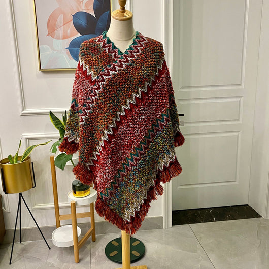 Poncho Tejido Étnico Mohair con Flecos - Capa Pullover para Mujer - Image 17