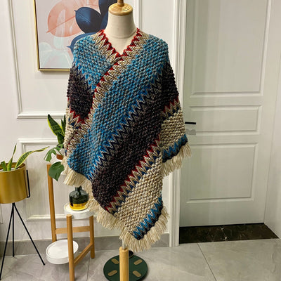 Poncho Tejido Étnico Mohair con Flecos - Capa Pullover para Mujer - Image 16