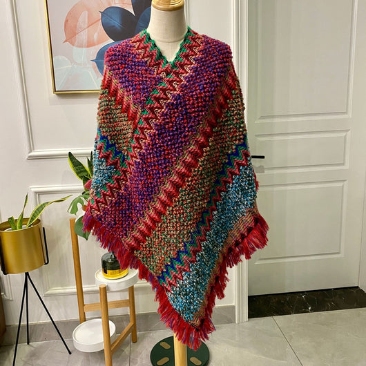 Poncho Tejido Étnico Mohair con Flecos - Capa Pullover para Mujer - Image 18