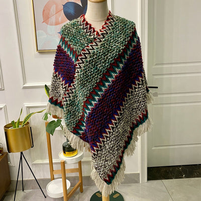 Poncho Tejido Étnico Mohair con Flecos - Capa Pullover para Mujer - Image 21