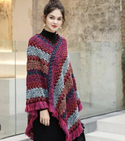 Poncho Tejido Étnico Mohair con Flecos - Capa Pullover para Mujer - Image 2