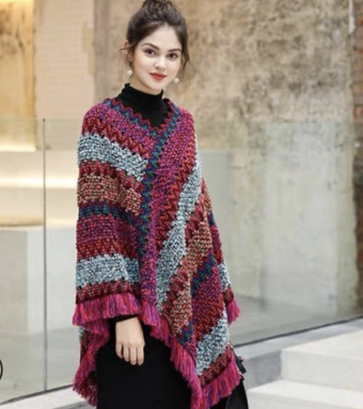 Poncho Tejido Étnico Mohair con Flecos - Capa Pullover para Mujer - Image 2