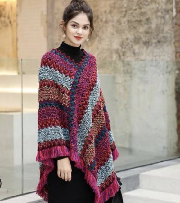 Poncho Tejido Étnico Mohair con Flecos - Capa Pullover para Mujer