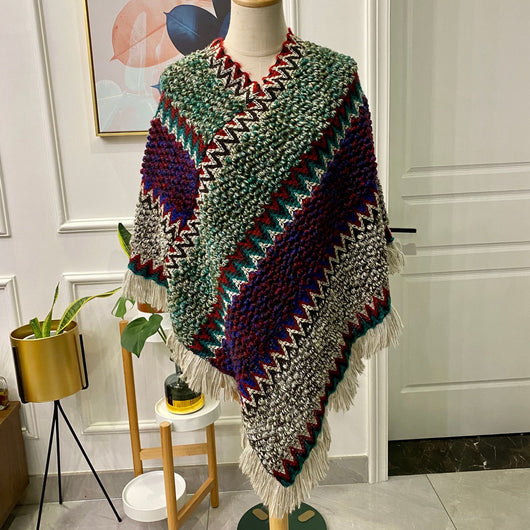 Poncho Tejido Étnico Mohair con Flecos - Capa Pullover para Mujer - Image 9