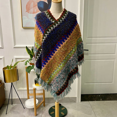 Poncho Tejido Étnico Mohair con Flecos - Capa Pullover para Mujer - Image 10