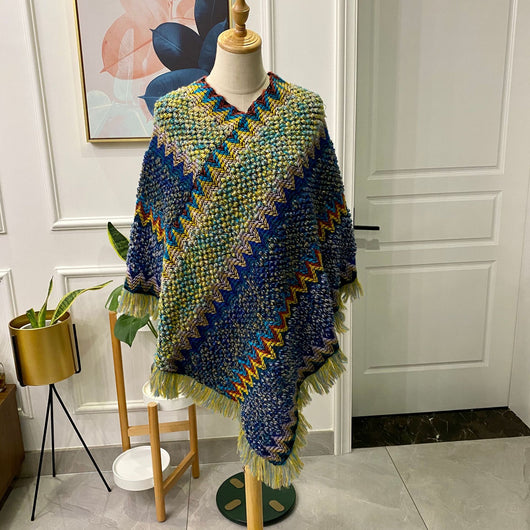 Poncho Tejido Étnico Mohair con Flecos - Capa Pullover para Mujer - Image 7
