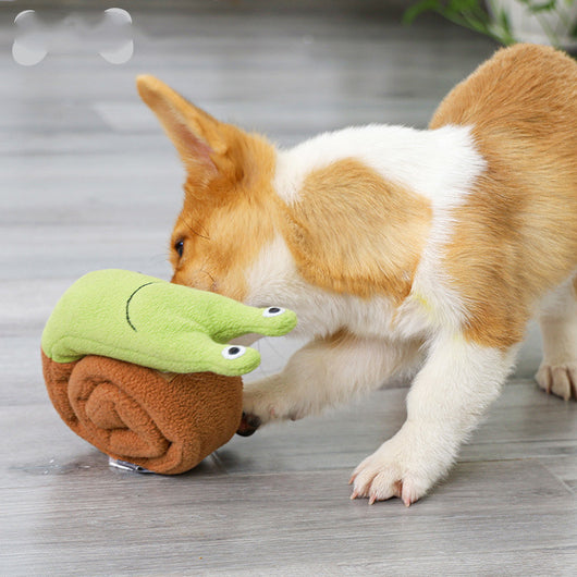 Green and brown fleece snail dog puzzle toy with embroidered eyes and a smile, designed for snuffling and IQ training. - Image 10