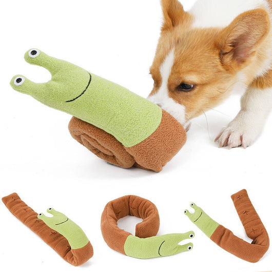 Green and brown fleece snail dog puzzle toy with embroidered eyes and a smile, designed for snuffling and IQ training. - Image 8