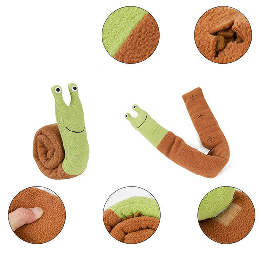 Green and brown fleece snail dog puzzle toy with embroidered eyes and a smile, designed for snuffling and IQ training. - Image 4