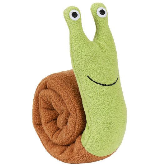 Green and brown fleece snail dog puzzle toy with embroidered eyes and a smile, designed for snuffling and IQ training. - Image 5