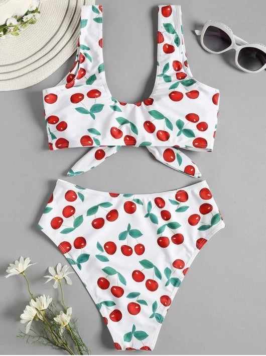 White two-piece bikini swimsuit with red cherry print, featuring a tie-front V-neck top and high-waisted bottoms. - Image 6