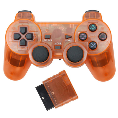 Orange transparent wireless game controller for PS2 with black buttons and a matching orange receiver. - Image 2